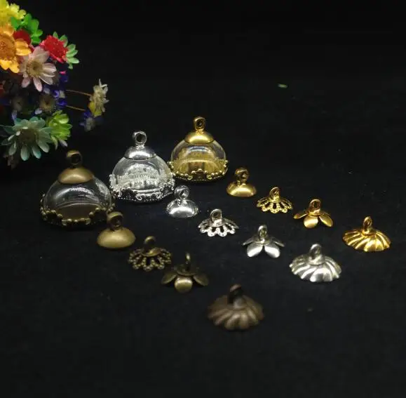 

20pcs 15mm Half Round wishing bottle Glass Cover Dome jars flower Base cap set glass vial pendant necklace glass globe bubble