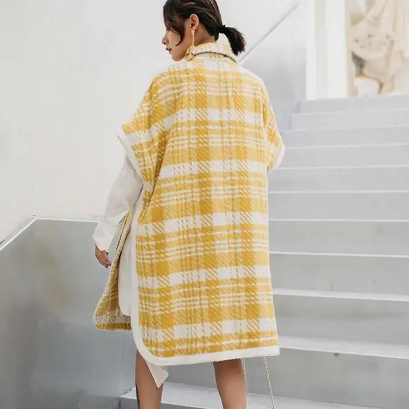 2019 Новое поступление свободное желтое клетчатое шерстяное пальто с коротким