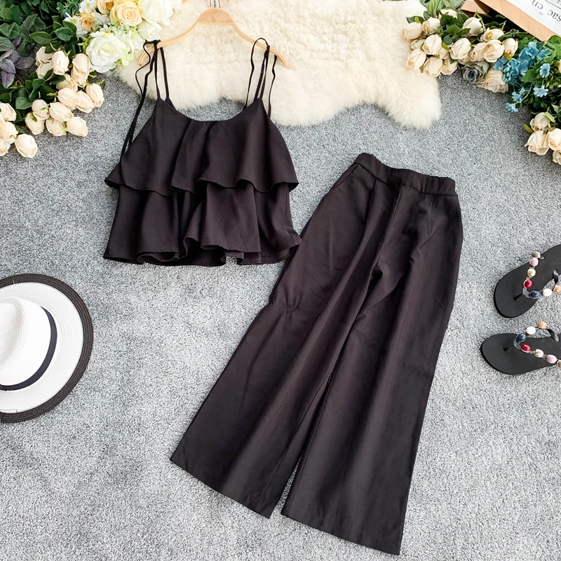 Женский винтажный Костюм двойка повседневный комплект из топа на бретельках с