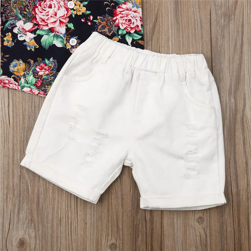 

Baby Boys Clothes Set Toddler Kids Outfit Short Sleeve Floral Shirt+Ripped Denim Shorts Children Clothing Set 2pcs 1-5T Summer