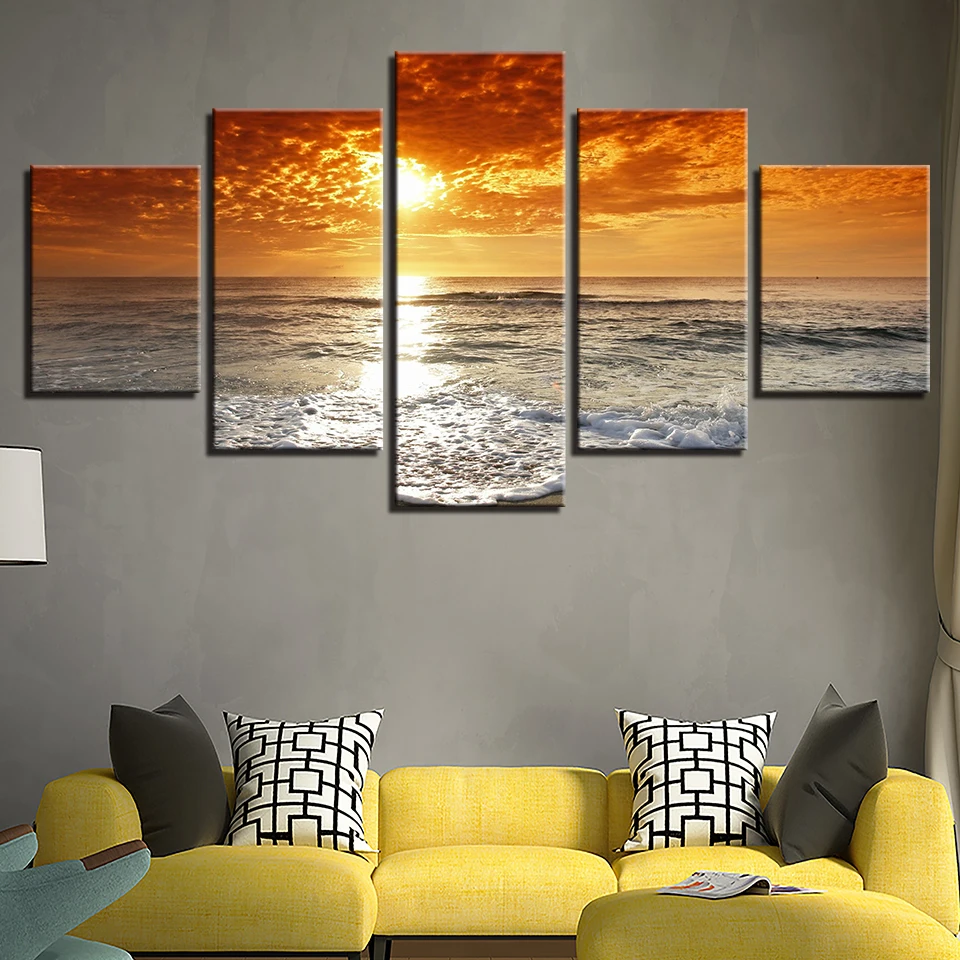 Холст фотографии Wall Книги по искусству Домашний декор для Гостиная 5 шт. закат морская волна Пляж пейзаж Картины HD печать плакатов рамки