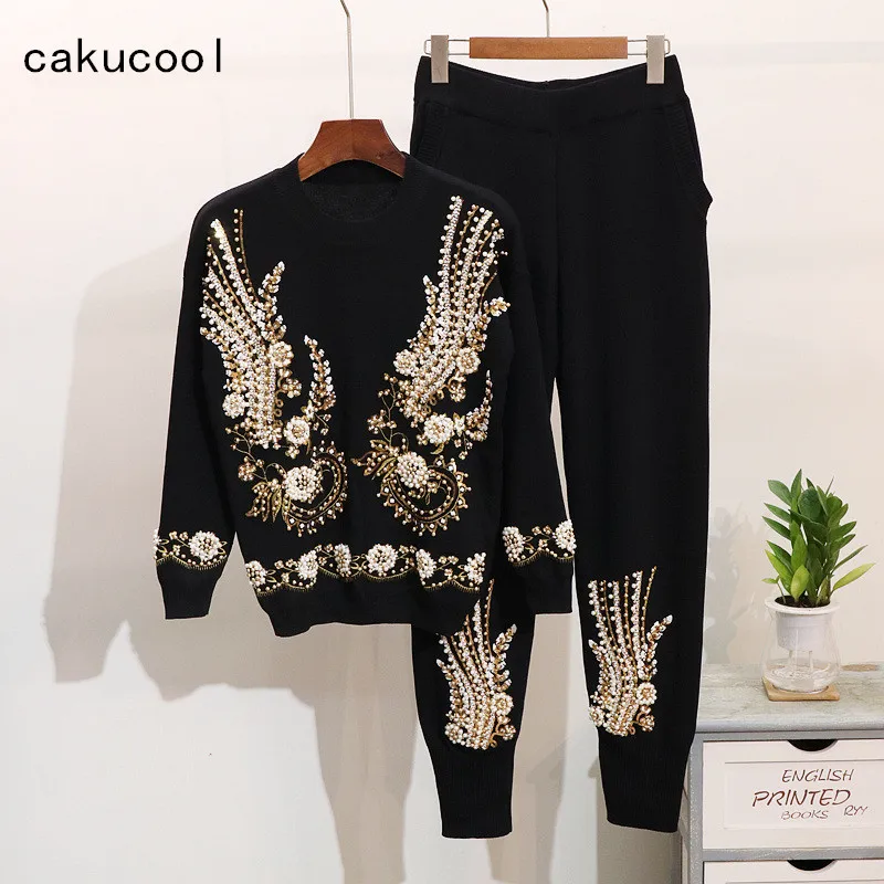 Женский трикотажный топ и штаны Cakucool с цветочным принтом блестками бусинами