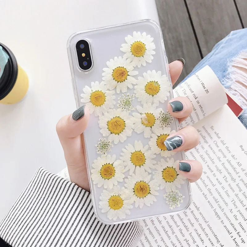 White Daisy Pressed Dried Flower Case For Samsung S7 Edge S8 S9 S10 Plus E Note 9 8 Handmade Transparent Silicon Fundas |