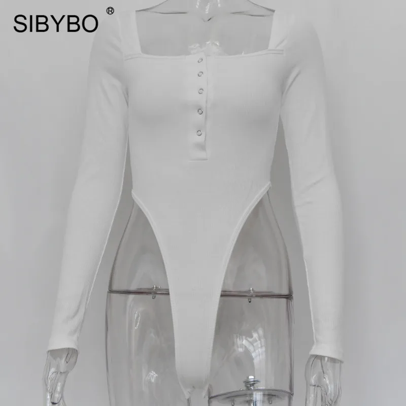 Белый Sibybo, хлопковый сексуальный женский комбинезон с вырезом лодочкой, Осень-зима, Облегающий комбинезон с длинным рукавом, Женский Повседневный комбинезон с пуговицами - Цвет: Белый