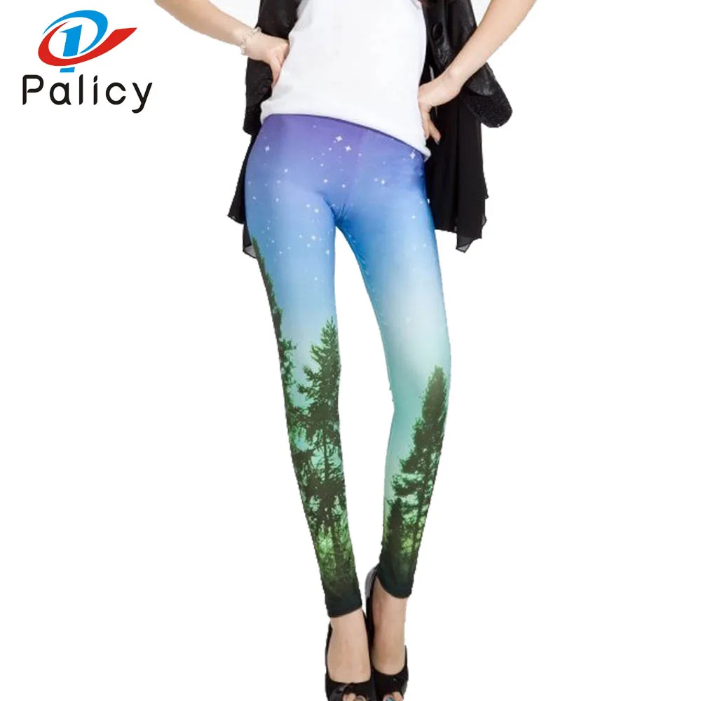 Palicy New Fashion Autumn Legging Blue Sky 3D Printed leggins Women leggings Sexy Women Stretch Pants Green Tree Spandex