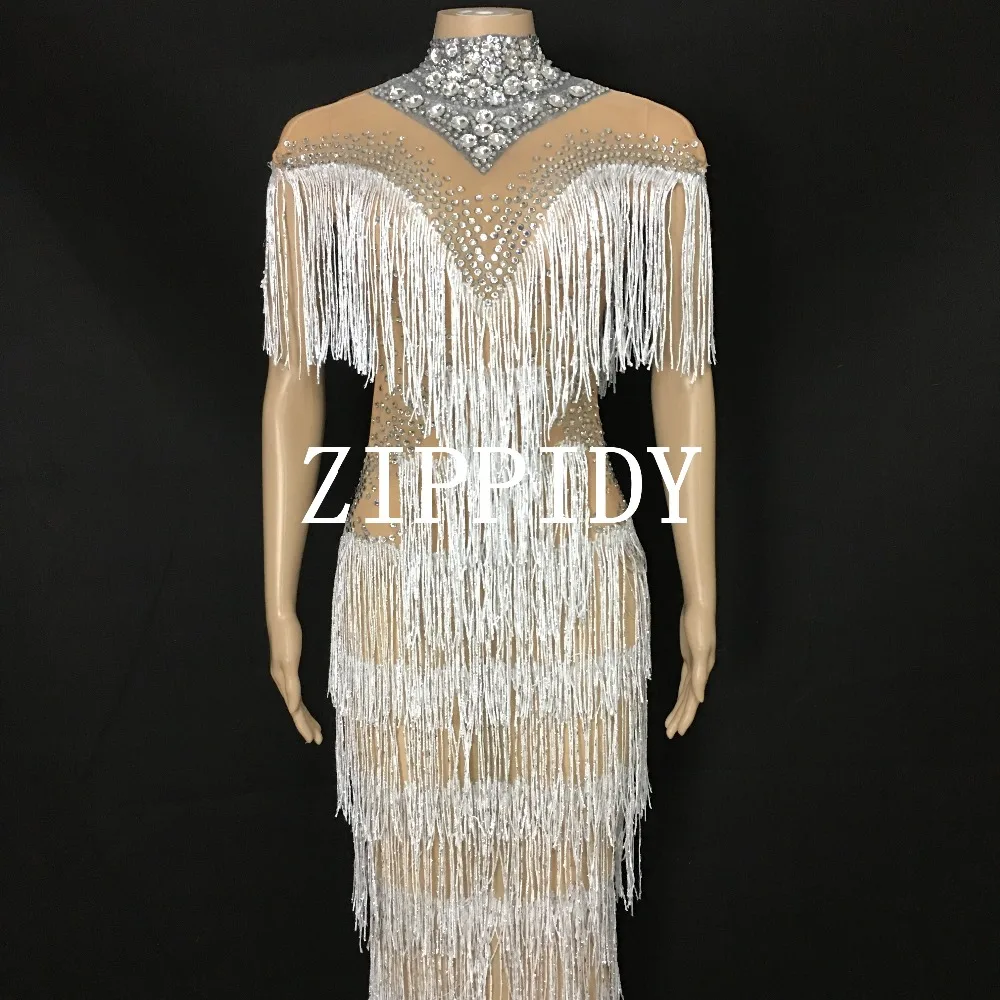 Birthday Celebrate Tassel Dress Nightclub Stage Women Singer Dancer Long Fashion Rhinestones Fringes Evening | Женская одежда