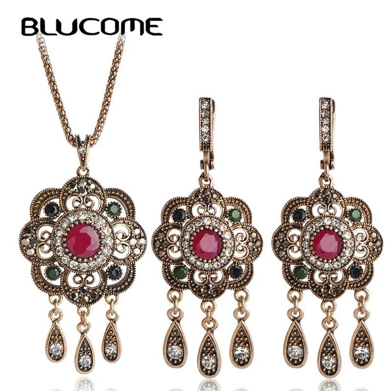 Женский винтажный комплект Blucome из колье и сережек золотистого цвета с подвеской