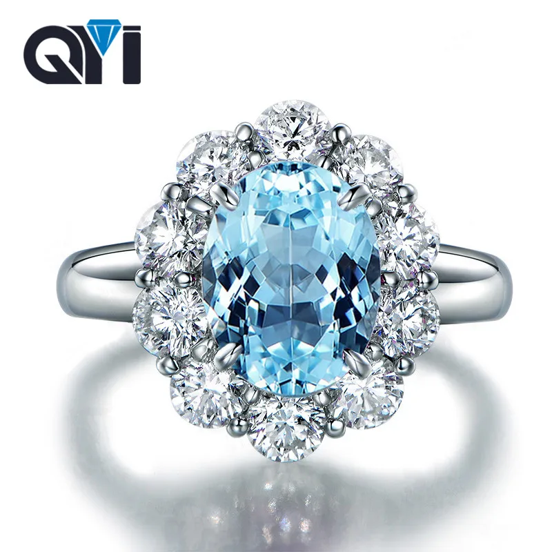 

QYI Classic S925 Sterling Silver Rings for Women 3ct Oval Cut Gemstone Romantic Gift Natural Sky Blue Topaz Engagement Ring