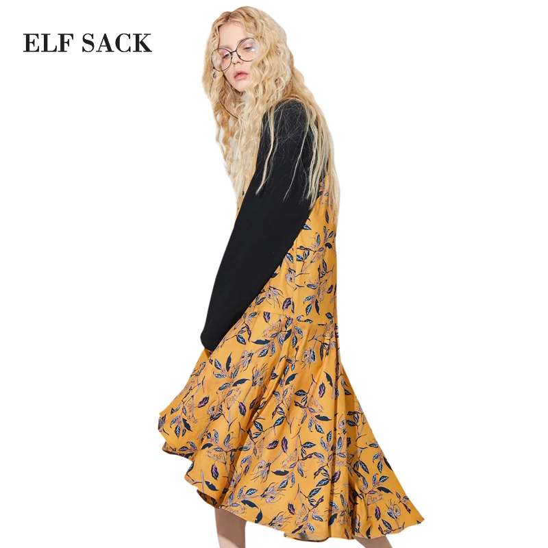 Женское платье на бретельках ELFSACK черное винтажное с цветочным принтом|sling dress|dress