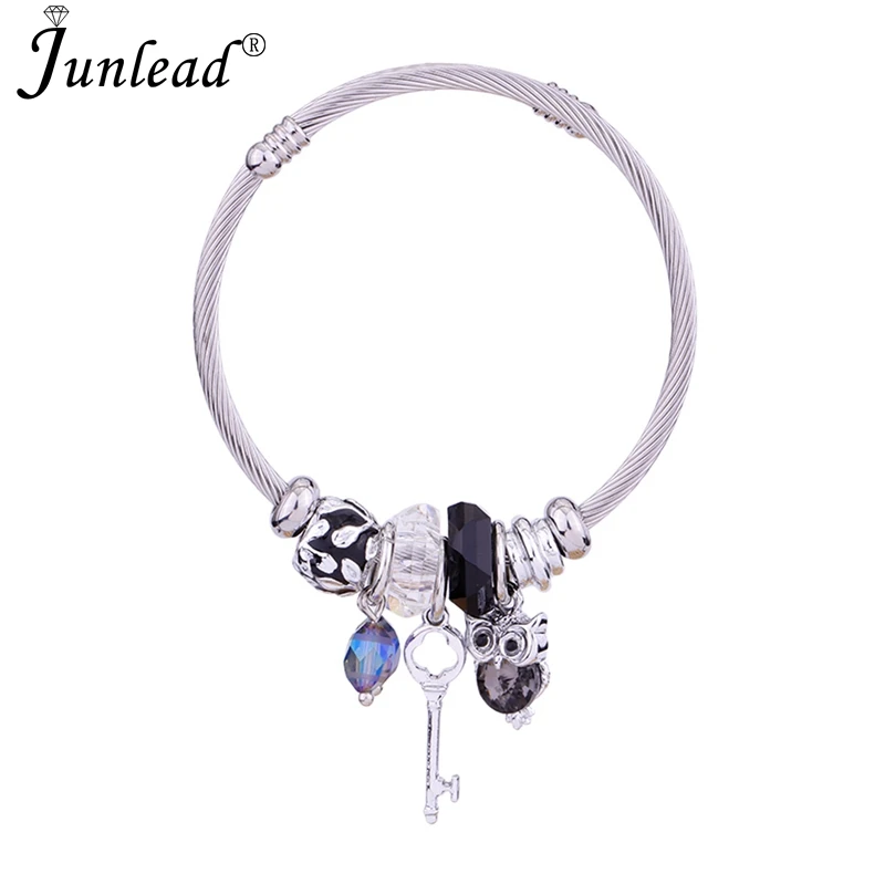 Junlead модные серебряные подвески браслет с черным кристаллом совы круглая