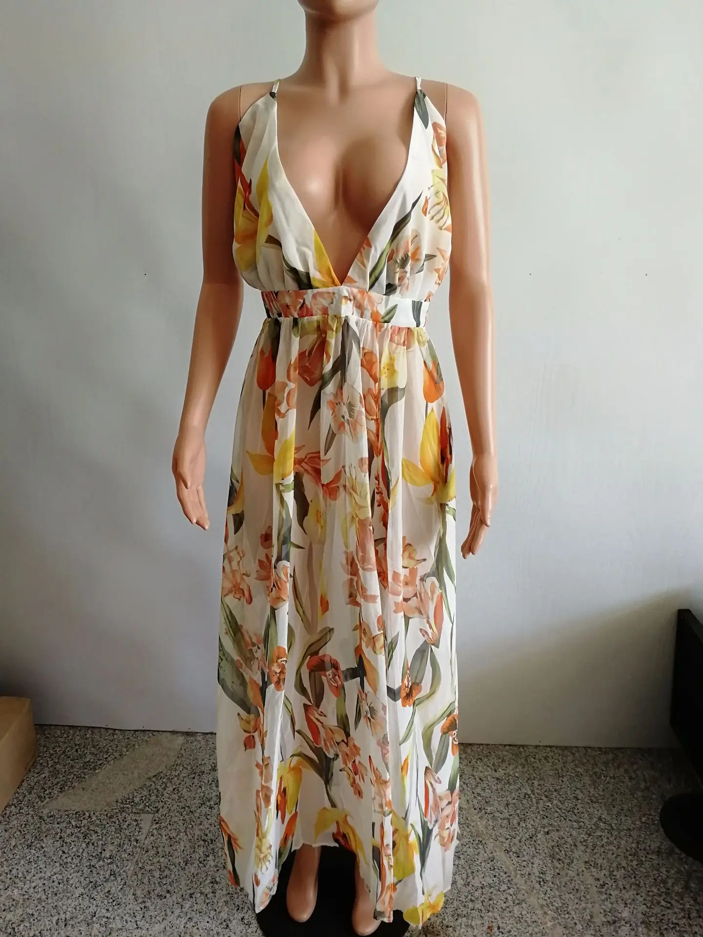 

Deep V Neck Floral Women Dress Boho Dress Sleeveless Summer Beach Dresses Backless Maxi Long Vestidos