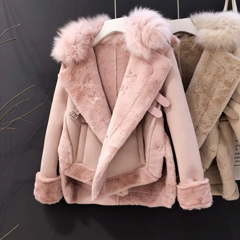 

Winter Thicken Warm Suede Coats Womens 2021 Korean Lambswool Overcoat Female Motorcycle Jacket Ladies Short Loose Jacket Coats