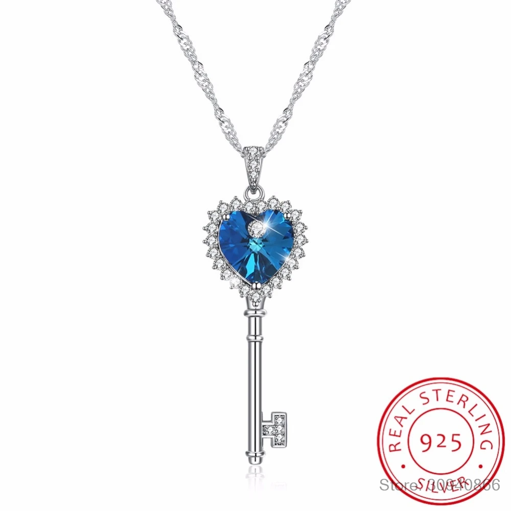 

Женское ожерелье с подвеской в виде ключа LEKANI, ювелирное изделие из серебра 925 пробы с кристаллами синего и фиолетового цвета