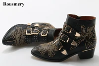 new leather rivets booties buckle straps thick heel ankle boots studded decorated motorcycle boots woman riding boots