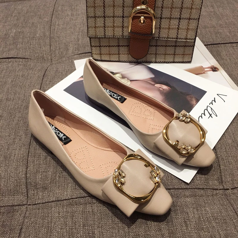 Wellwalk Metal Buckle Women Summer Flat Shoes Pointed Toe Ballerinas Ladies Ballet Flats Slip On Shallow Dress Shoes Leisure