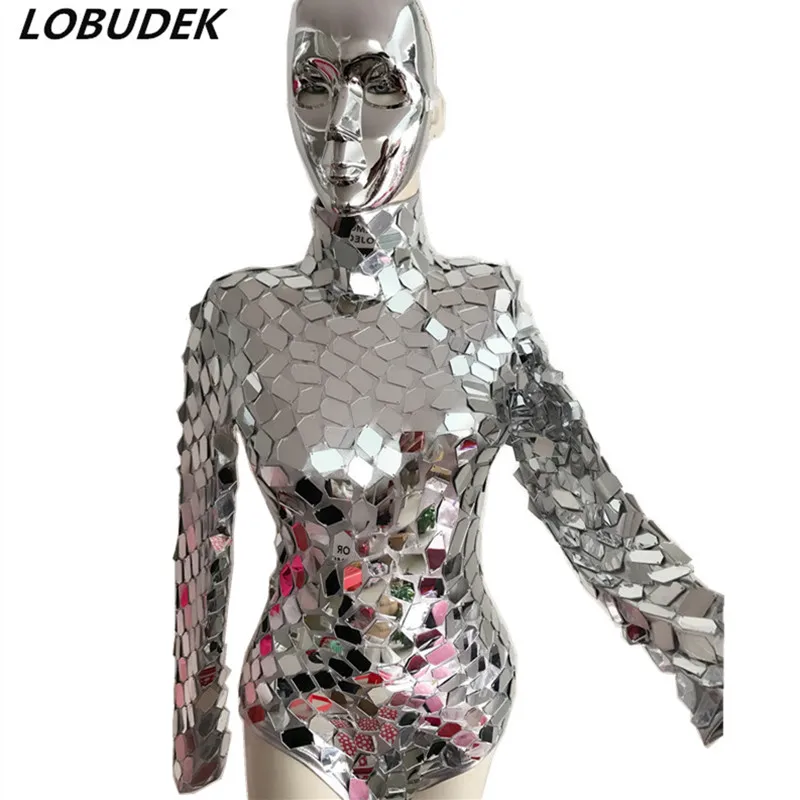 Reflective Mirrors Bodysuit With Mask Silver Sequins Jumpsuit Women Nightclub Female Stage Outfit Jazz Dance Costume Dance Wear