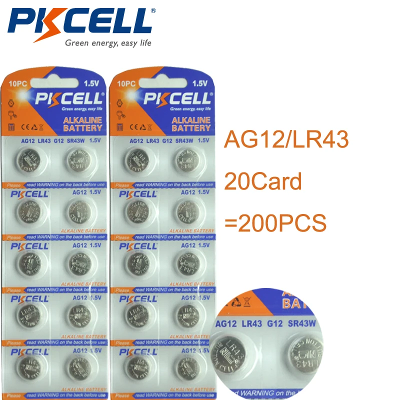 

200PCS/20Card PKCELL AG12 Battery 386 SR43SW LR43 186 1.5V Alkaline Button Batteries Coin Cell for Watches