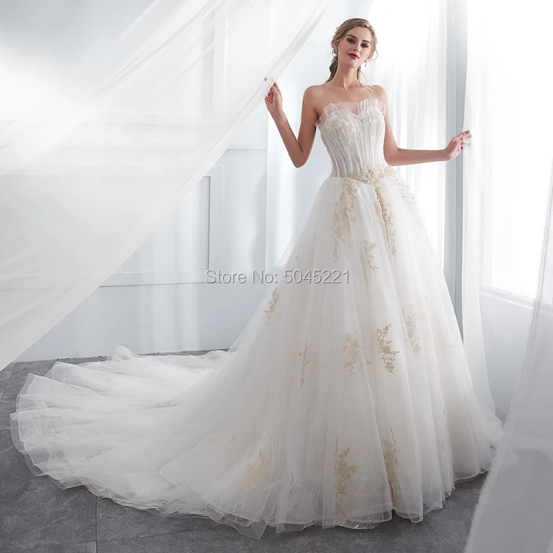 

New White Pearls Wedding Dresses Sleeveless Lace Up Ball Gown Back Bride Dress 2021 Vestido De Noiva Lace Appliques Bridal Gowns