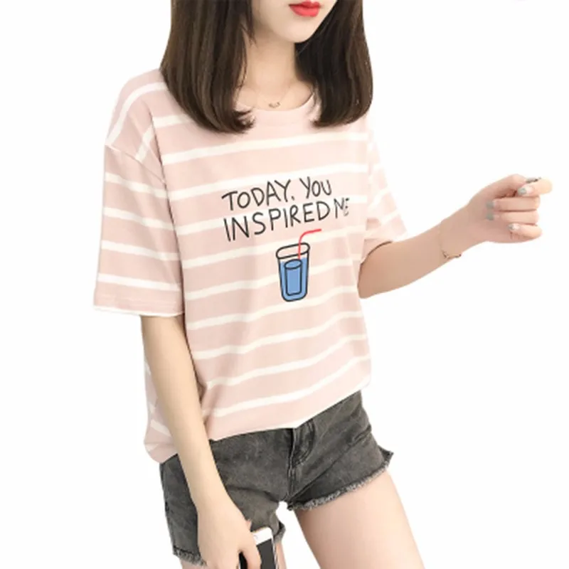 Женская одежда модная хлопковая футболка в полоску с короткими рукавами AS424 лето