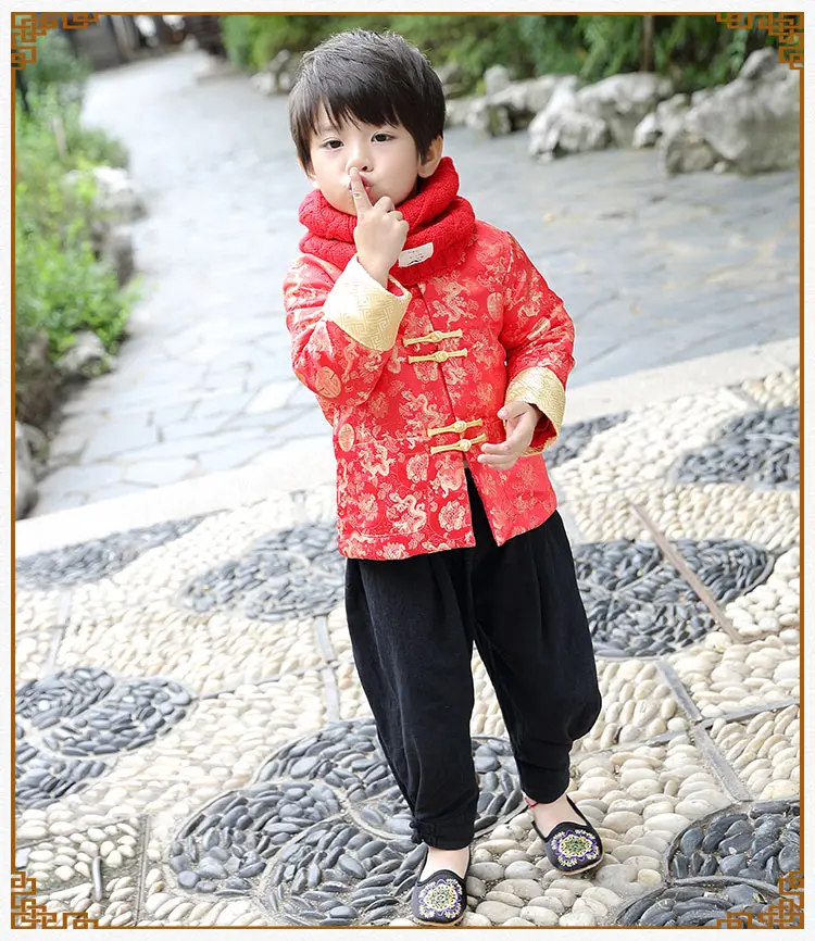Tang Cheongsam с длинным рукавом свободного кроя пальто синий год костюмы для детей мальчик китайский Qipao дети Китайский Стиль зимнее пальто