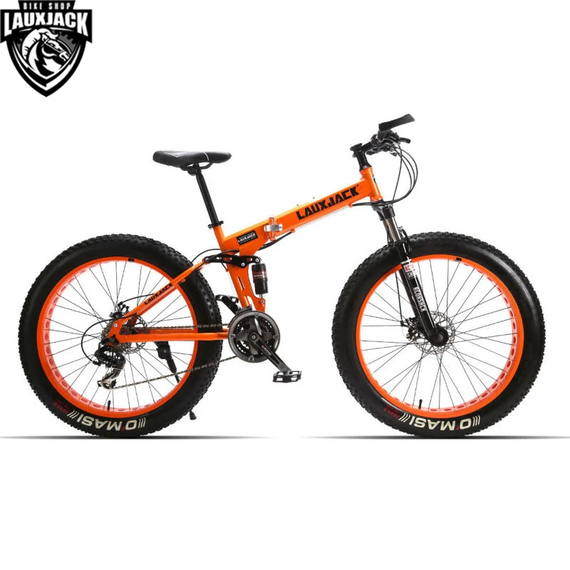 LAUXJACK Горный двухподвесный велосипед стальная складная рама 24 скорости Shimano механические дисковые тормоза колёса 26"x4.0 Fat Bike