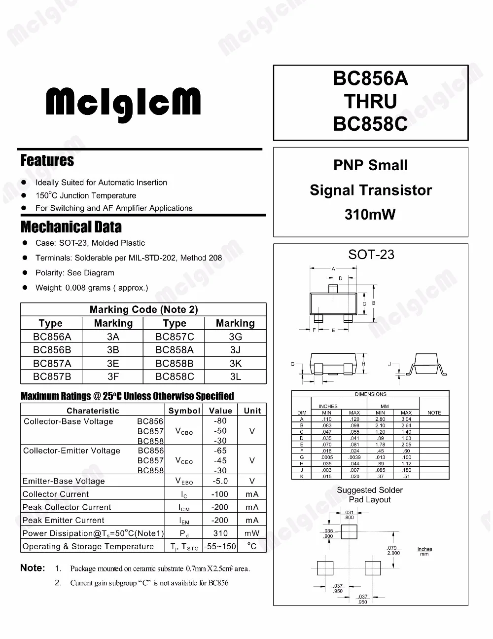 MCIGICM bc857, SOT-23 100 шт./лот триодный транзистор BC857c