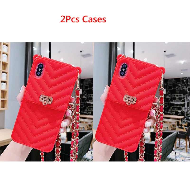 2PCS Red Чехол-кошелек для iPhone 11 Pro Max X 10 8 7 6s 6 Plus, силиконовая сумка на плечо для карт, кошелек с длинной цепочкой, чехол для телефона для iPhone XR XS Max - Цвет: 2PCS Red