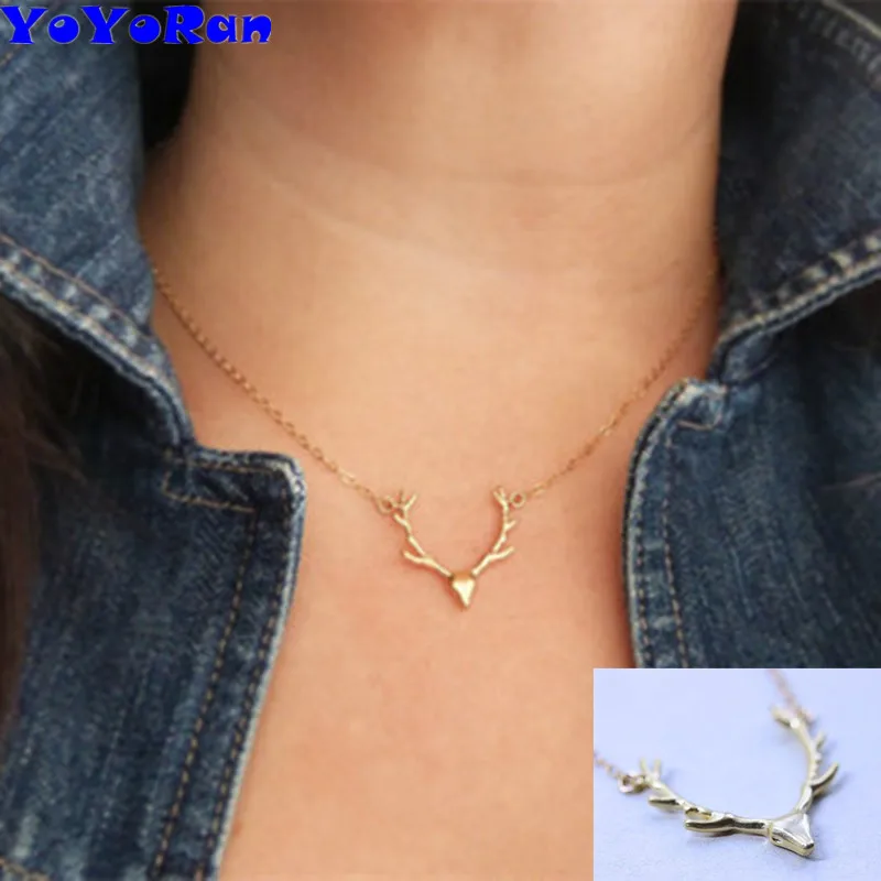 factory price 16 Piece deer antler horn plated pendant necklace big animal head short chain choker jewelry woman | Украшения и
