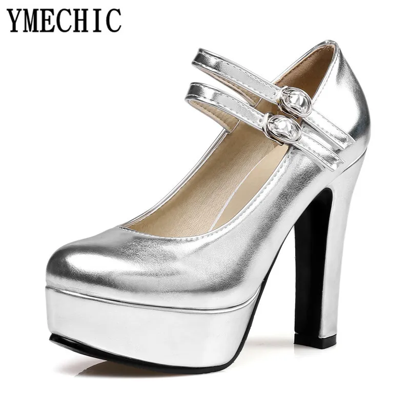 YMECHIC/; женские туфли-лодочки на высоком каблуке с пряжкой; цвет золотой, серебряный, черный; вечерние офисные туфли; женские туфли на платформе размера плюс; Туфли Мэри Джейн