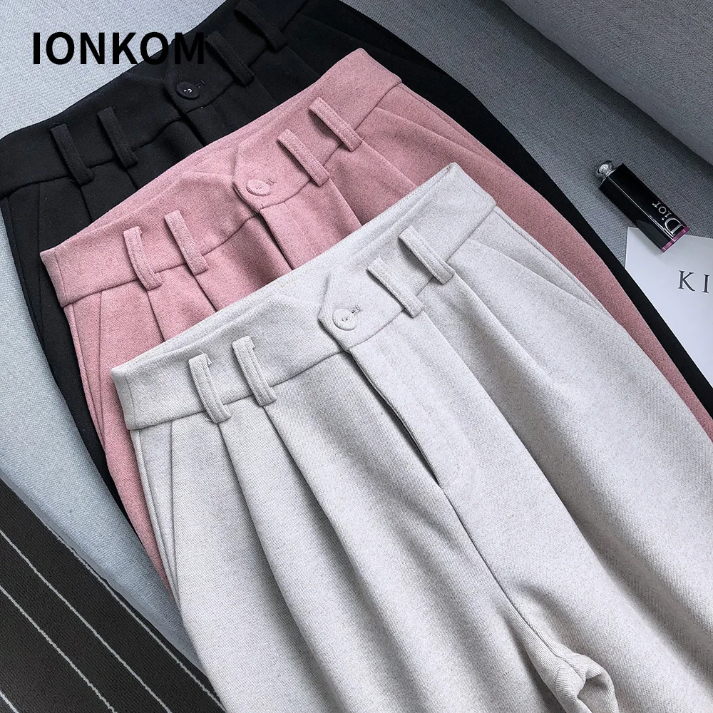 Элегантные офисные женские штаны с высокой талией IONKOM однотонные до щиколотки на