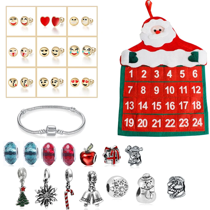 Advent календарь 24 дня Коллекция с браслетом мультфильм эмодзи бусины уха шпильки