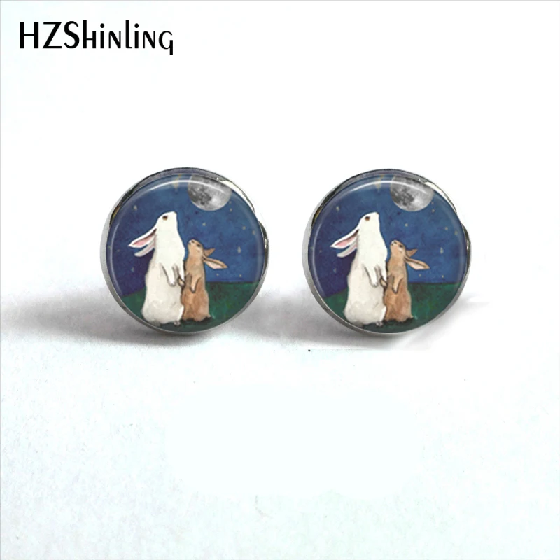 Серьги гвоздики с Луной и кроликом серьги ручной работы милыми животными круглые