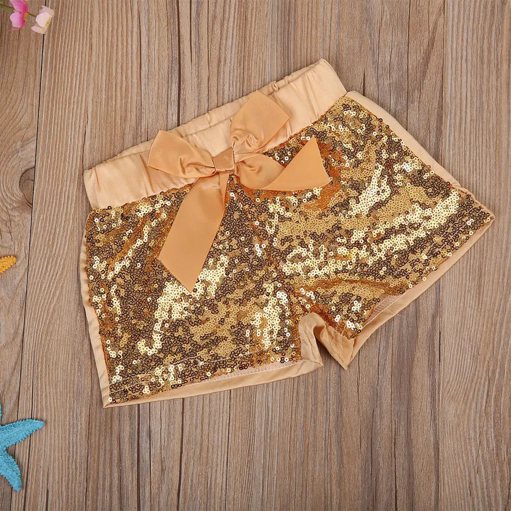 Модные вечерние шорты с бантом и блестками для маленьких девочек летний костюм |