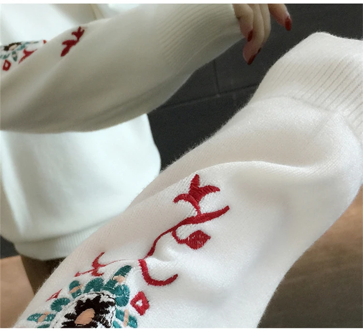 2021 Autumn Winter Floral Embroidery Knitted Sweater Women Pull Femme jersey jumper Tops sweaters and pullovers | Женская одежда