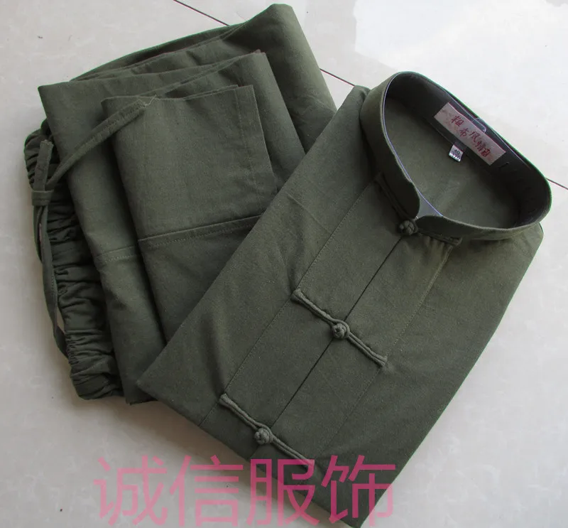 dark green Китайские мужские одноцветные Костюмы кунг-фу размера плюс, хлопок, свободные комплекты Wu Shu Tai Chi, куртка и брюки, M L XL XXL 3XL 4XL, YZT090610 - Цвет: dark green