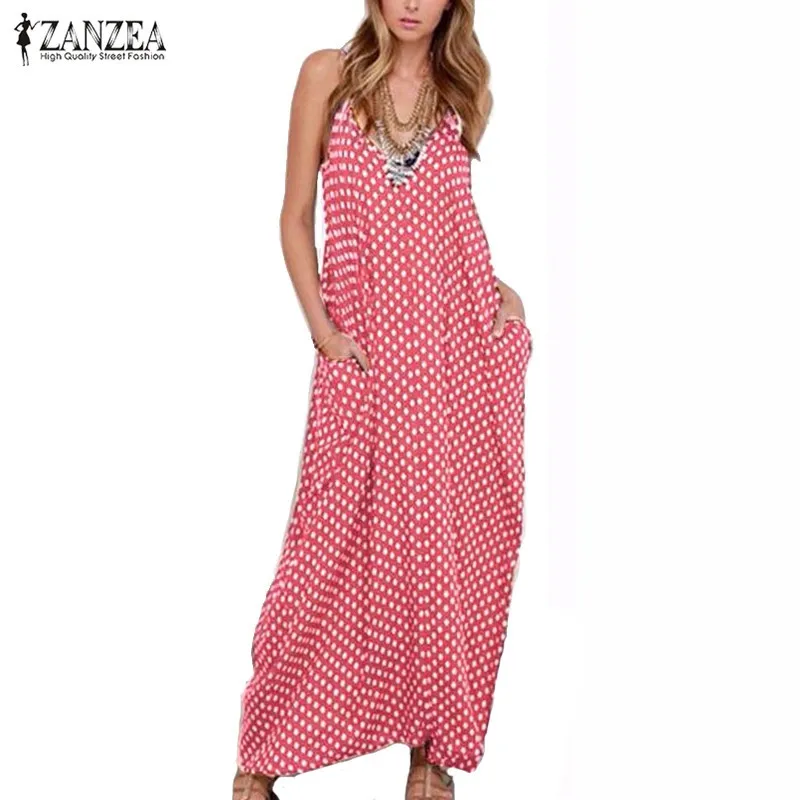 Boho Стиль 2018 Лето Для женщин без бретелек горошек Повседневное свободные длинные
