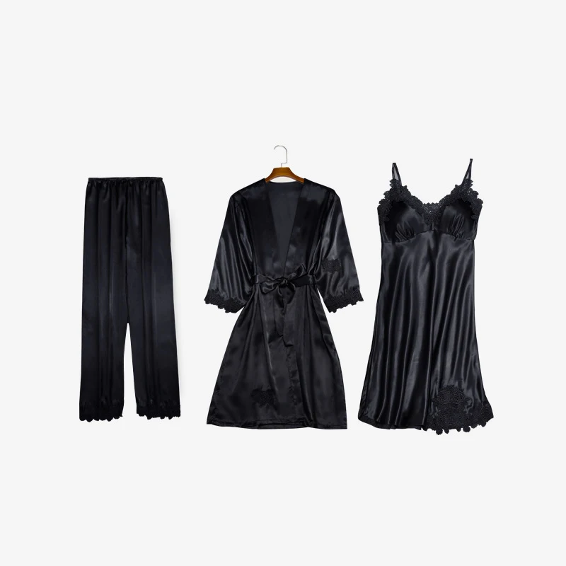 Black 3 pcs Кигуруми Единорог 5 шт сексуальные кружевные пижамы набор женский искусственный шелк полосатый халат набор леди v-образным вырезом домашняя одежда пижамы с нагрудными накладками - Цвет: Black 3 pcs