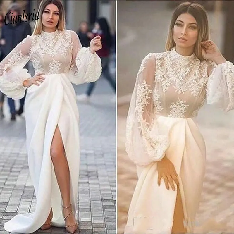 

High Neck 2020 Dubai Arabic Mermaid Evening Dress Appliques Lace Long Sleeve High Split Saudi Formal Evening Party Dresses