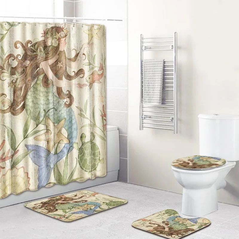 T Questa Bossa Mia 4 Piece Bathroom Mats and Rugs Exotic Egyptian Bath Shower Curtain with Hook Non-slip Toilet Floor Mat Carpet