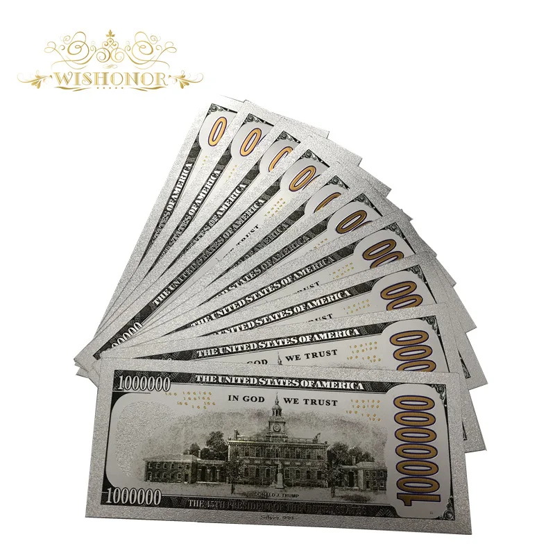 10 шт./лот серебряные банкноты сша трамп 1 миллион долларов в 24K позолоченные
