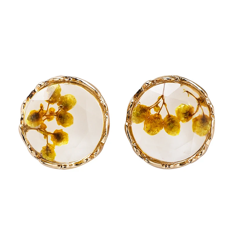 

New Korean Transparent Crystal Dried Flower Stud Earrings Simple and literary versatile round geometric Earrings for Women Party