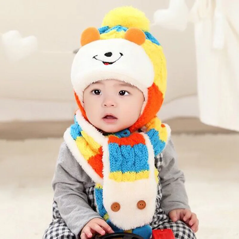 Baby hat scarf two - piece boys girls autumn winter Wear knit plush baby mickey knitting neck Warm caps Within three year |