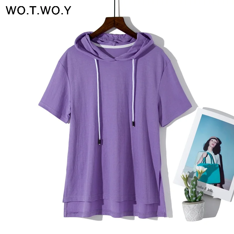 8218Purple WOTWOY 9 красочных футболок с капюшоном для женщин летние хлопковые базовые повседневные свободные топы с коротким рукавом женские белые толстовки размера плюс - Цвет: 8218Purple