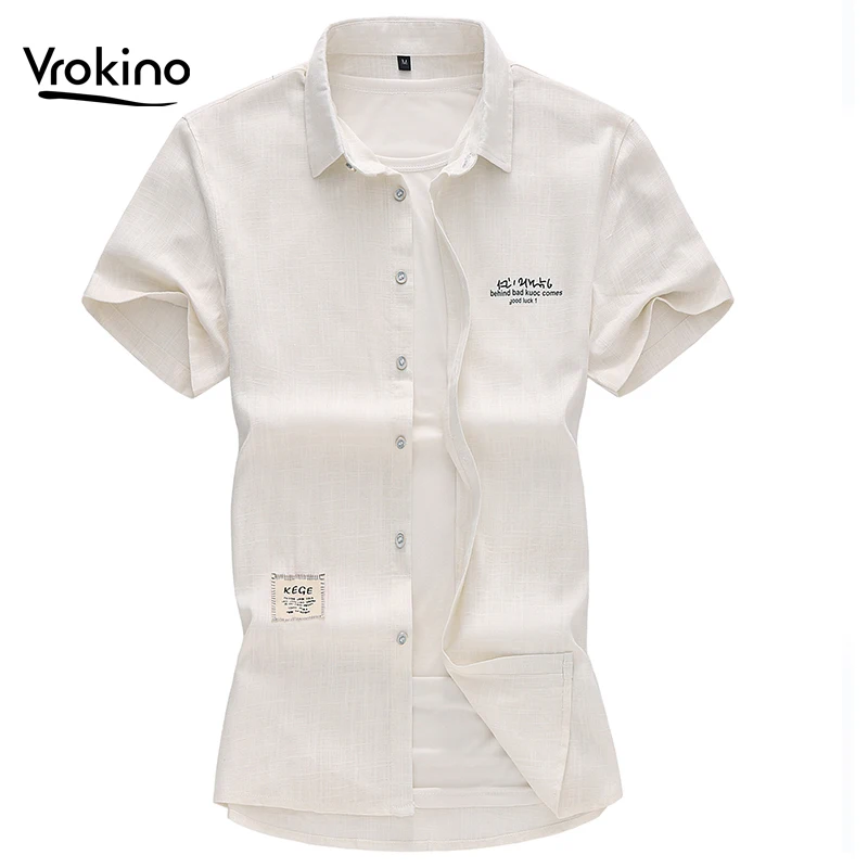 Мужская льняная рубашка с коротким рукавом однотонная в китайском стиле