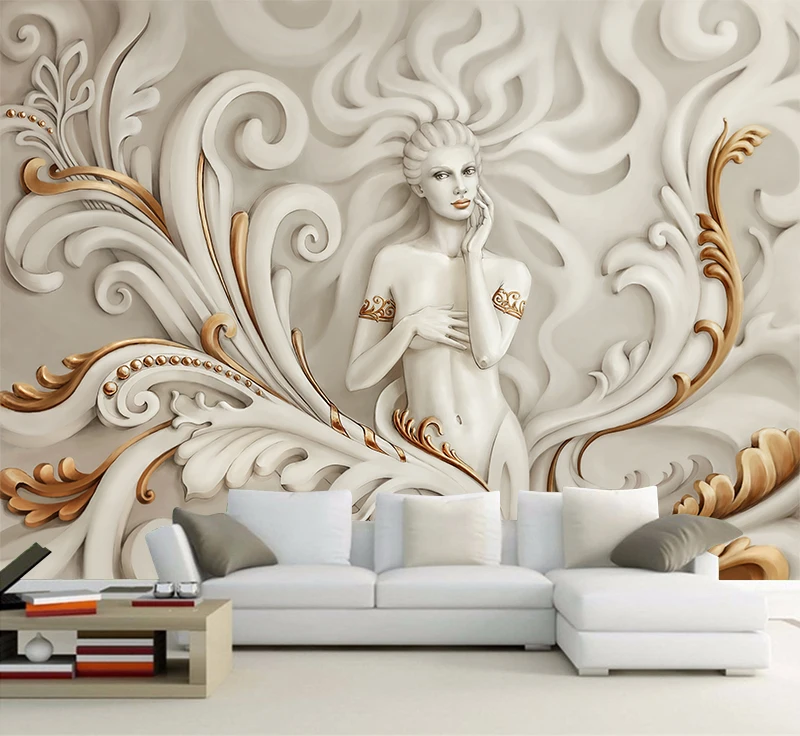 

Custom Wall Paper Goddess Of Mercy Gold Embossed Wallpaper Sofa Living Room TV Backdrop Wall Sticker