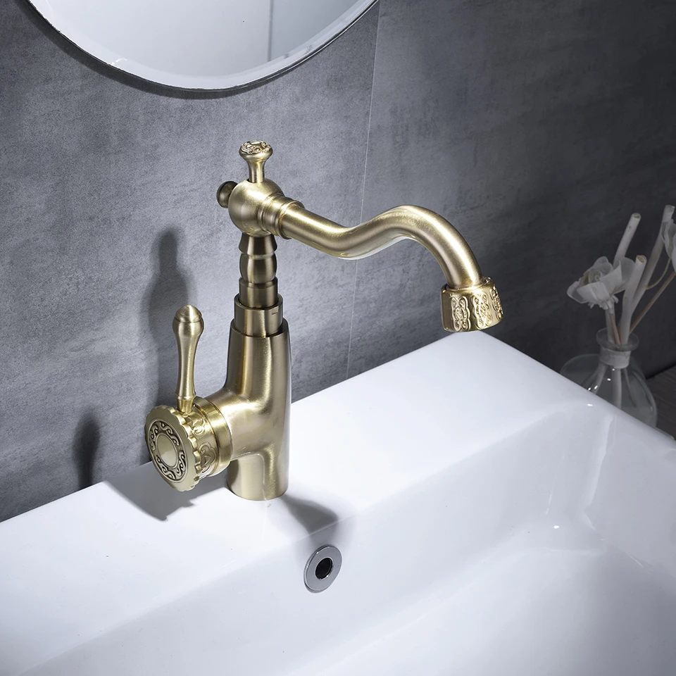 

Basin Faucets Retro Bathroom Sink Mixer Deck Mounted Single Handle Single Hole Bathroom Faucet Brass Antique Finish Hot Cold Tap