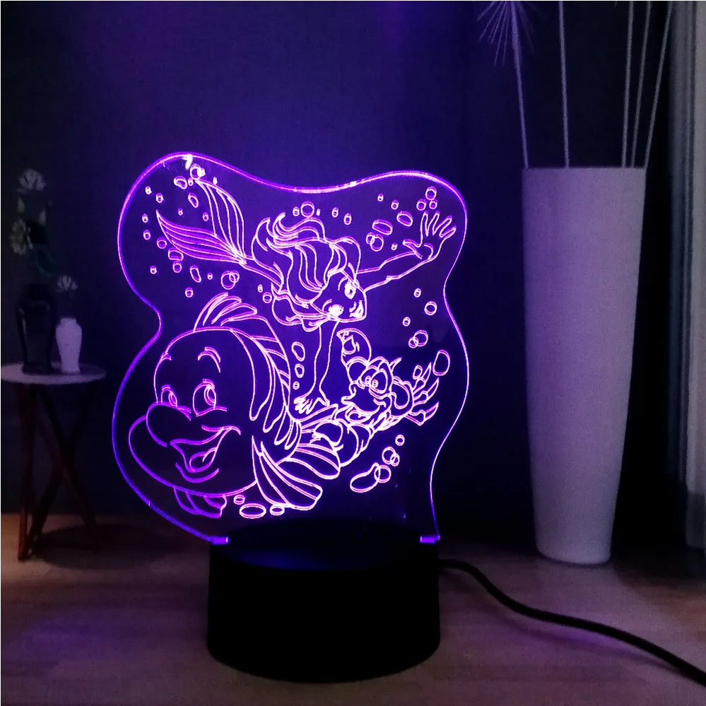 Новый 3D иллюзия мультфильм лампа Русалочка 7 цветов Изменение USB пульт
