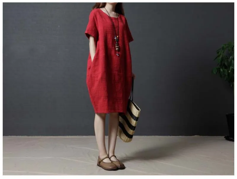 

Summer Korean Style Elegant Loose Large Size Women's Fashion Cotton and Linen Solid Knee-length Dress