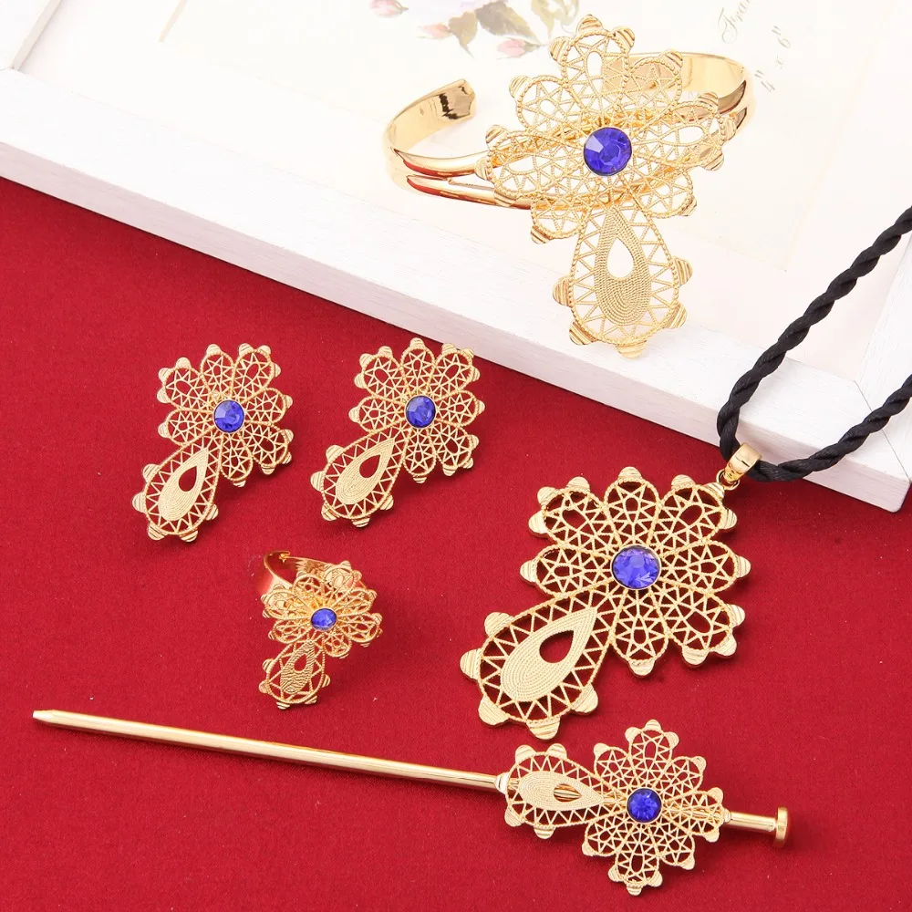 Новейший комплект ювелирных украшений из эфиопского Креста 24 к золотого цвета