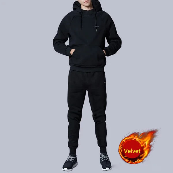 Black plus velvet Спортивный костюм мужской с капюшоном 2 шт набор Повседневный плюс бархатный набор пуловер Спортивная одежда осень зима мужская одежда M-4XL - Цвет: Black plus velvet